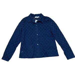 LOFT Navy Blue Lace Button Down Long Sleeve Top Romantic Geometric Sheer XL NWT